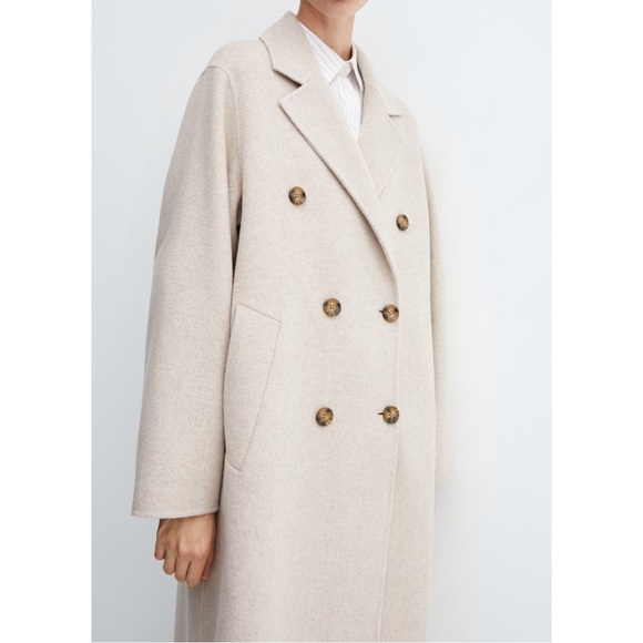 MANGO Oatmeal Neutral Cream Oversized Wool Coat Double Breasted Wool Trench Coat - Picture 17 of 17